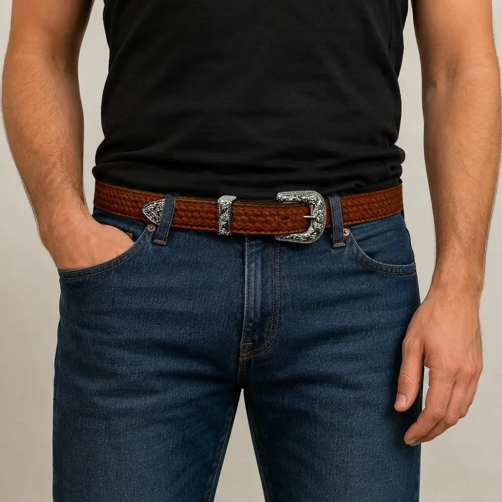 Nocona Men's Western Statement Leather Belt, Tooled Basketweave Brown, Size 30